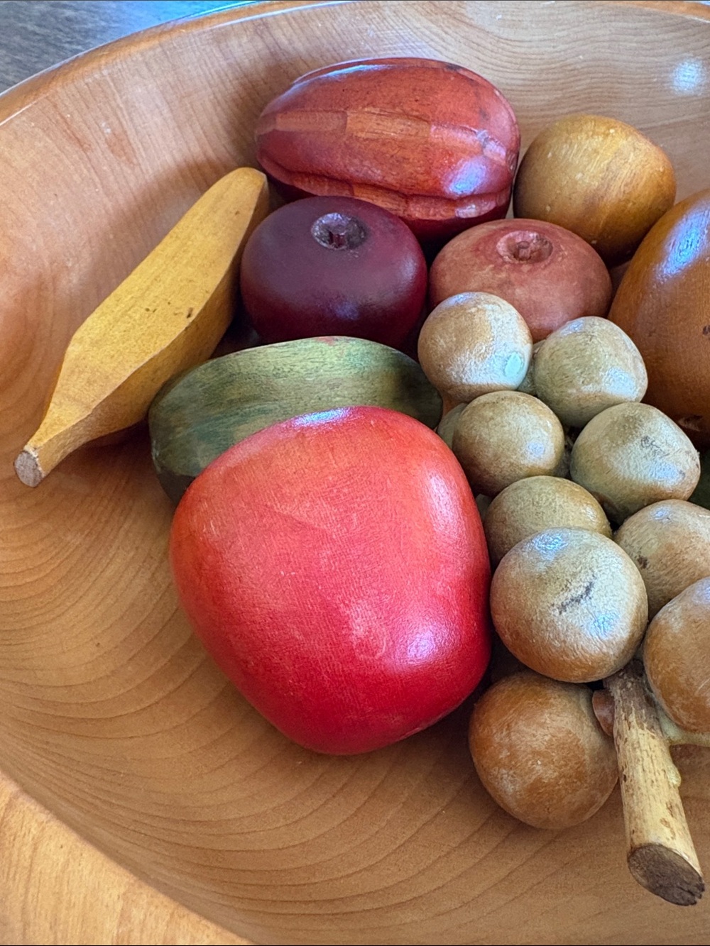 VTG Mid Century Modern Cherrywood Bowl & Hand Carved Wooden Fruit Set